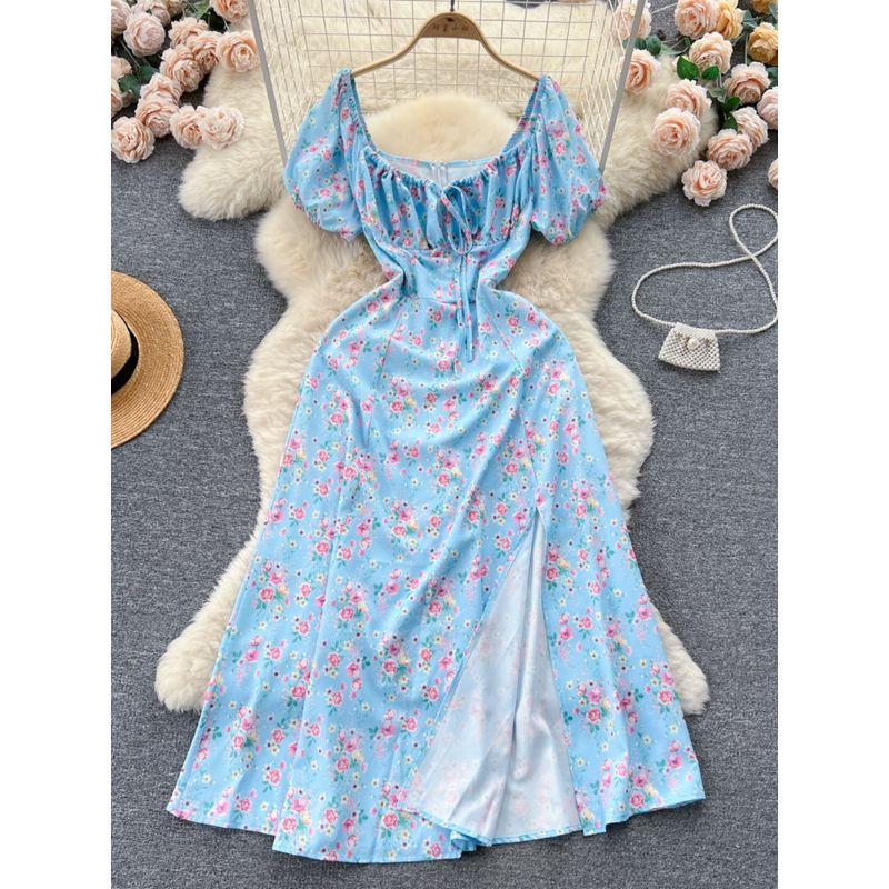Puff Sleeves Summer Slimming Mori Style Split Dress