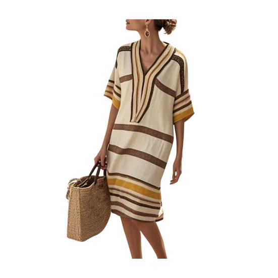 Summer Dress for Women Casual Short Sleeve V Neck Striped Midi Dress Summer Beach S хаки