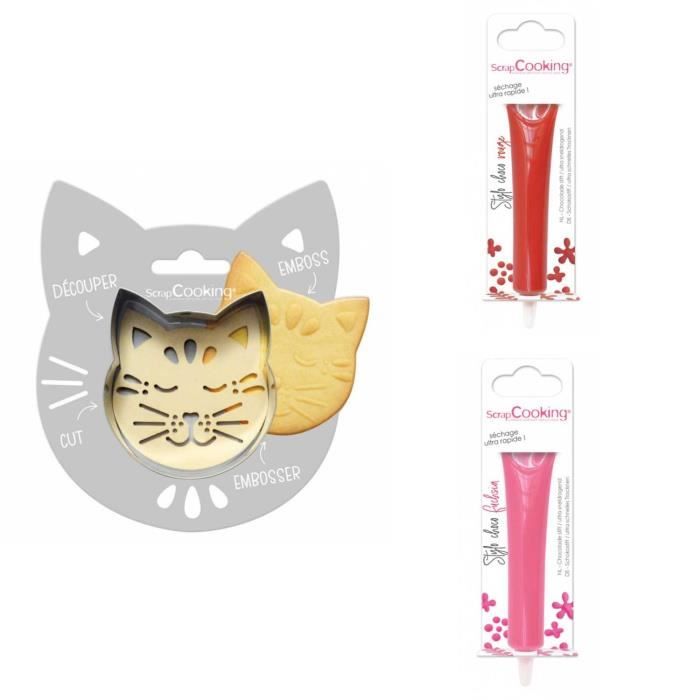 Kit pour biscuit en relief Chat + 2 Stylos au chocolat rouge et fuchsia