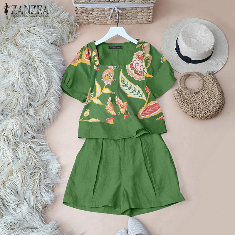 ZANZEA Womens Print T-shirt and Shorts Summer Two Piece Sets