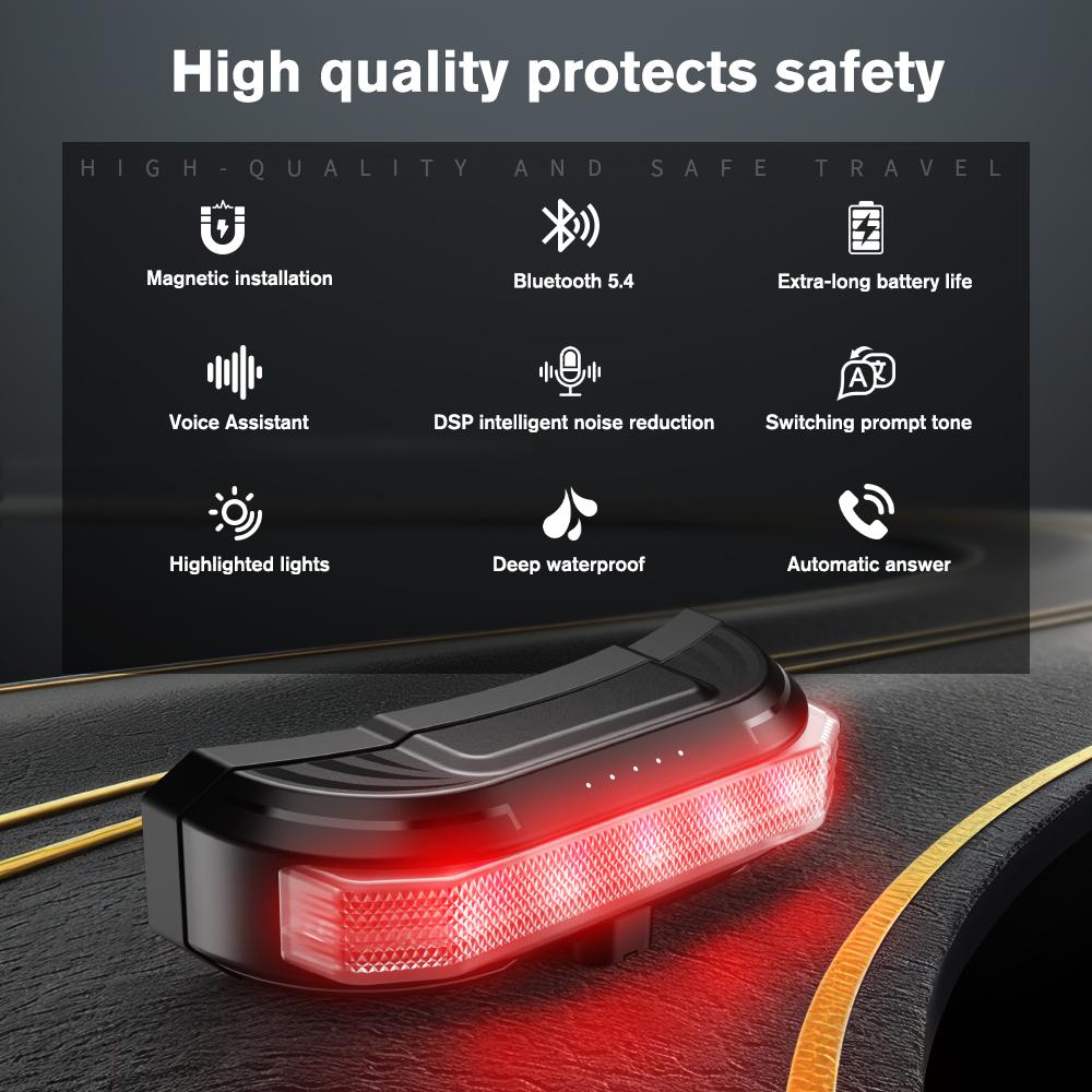 BT80 2-in-1 Bluetooth 5.4 Motorcycle Helmet Headset with Rear Warning Tail Light Waterproof Auto Answer 2000Mah Battery Earphone