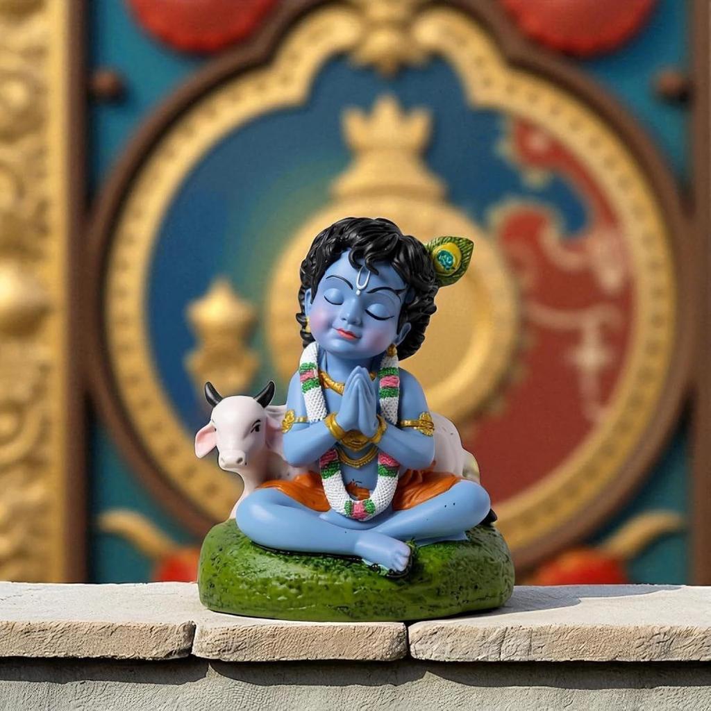 Idolo di Krishna per Bambino Statua di Bal Gopal con Statuetta di Mucca Articolo Regalo per Janmashtami & Pooja, Decorazione per la Casa, Decorazione da Tavolo