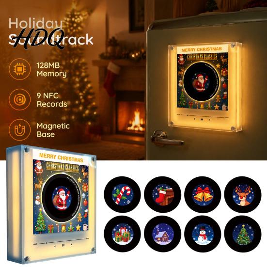 Vinyl Record Player Fridge Magnet Magnet with 9 Programmable Records 128MB Memory No Music Magnetic Refrigerator Music Box LED Night Light,