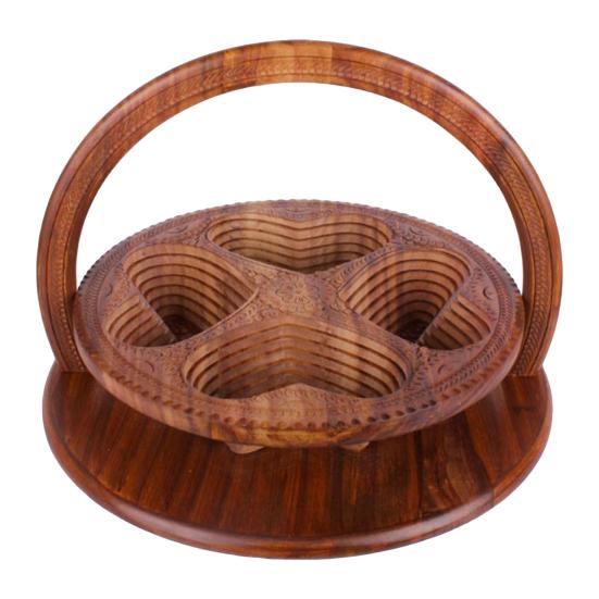 Wood Fruit Basket with Heart-Shaped Partition Hand-Carved Decorative Serving Tray for Fruits Nuts Snacks Multifunctional Home Decor