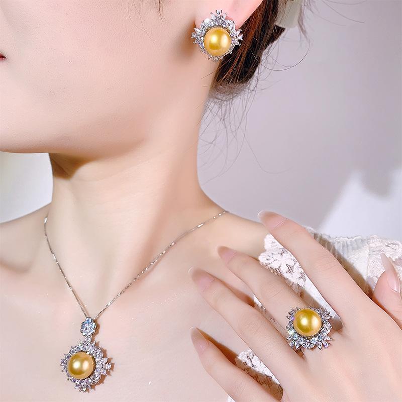 Huayou Meiao White Tea Gold Pearl Zircon S925 Silver Needle Ring Necklace Set Light Luxury Premium