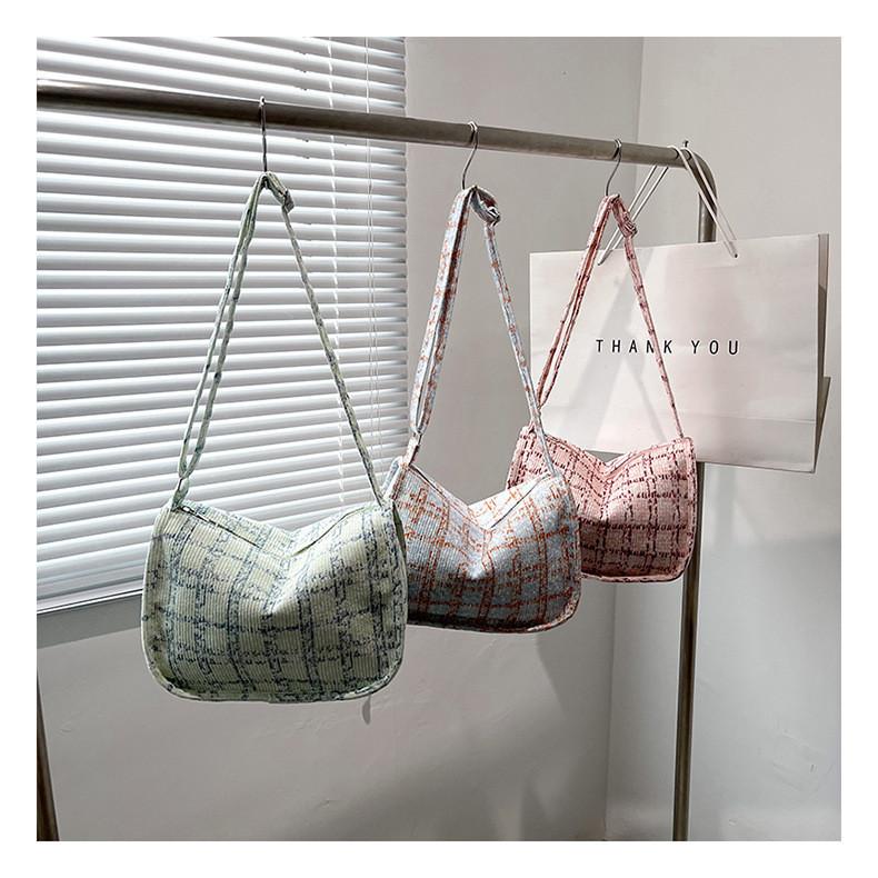 Trendy Grid Cloth Women's Bag 2024 New Korean Style Literary Large Capacity Shoulder Bag Ladies Armpit Bag Street Fashion