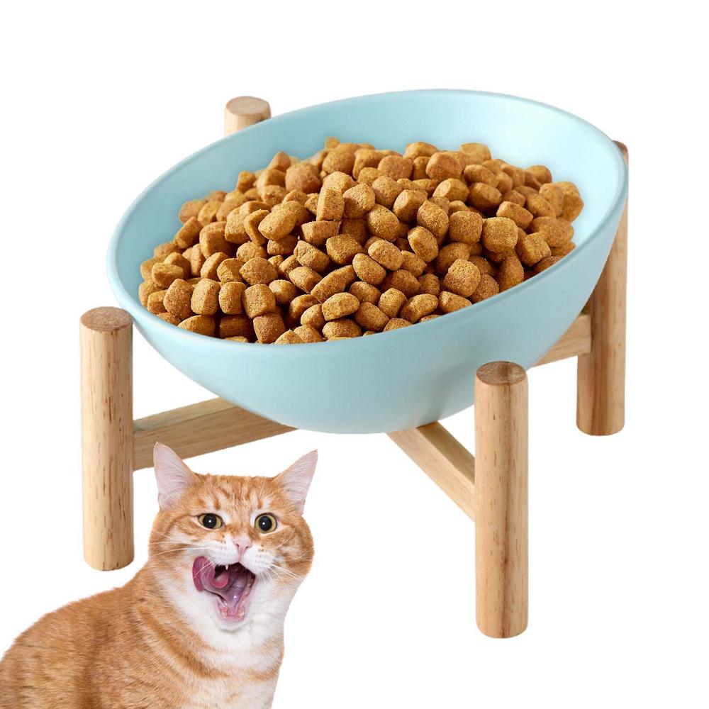 Raised Tilted Cat Bowl Spill Proof Ceramic Dog Dishes Anti Vomit Pet Bowl With Wood Stand Non Slip Dog Food Container For