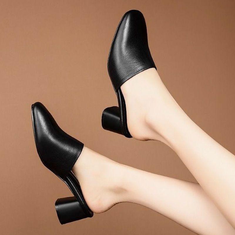 Square Toe Women's Slippers and Ladies Sandals Medium Heel Slides Summer 2025 Shoes Korea Style Footwear Trend On Offer New Shoe