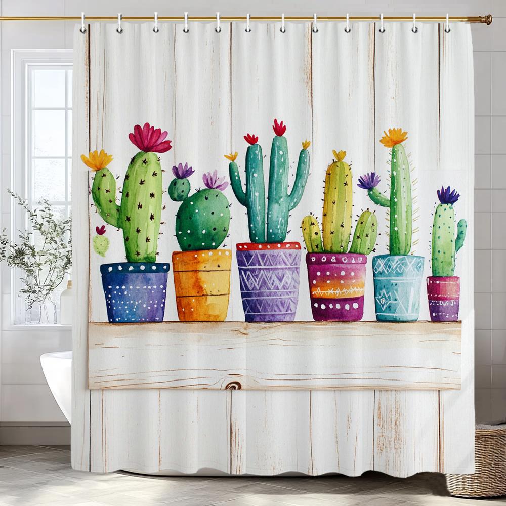 Nordic Art style Plant Cactus Printed Shower Curtain Bathroom Curtain,Hanging Curtain With 12 Hooks Decoration Machine Washable