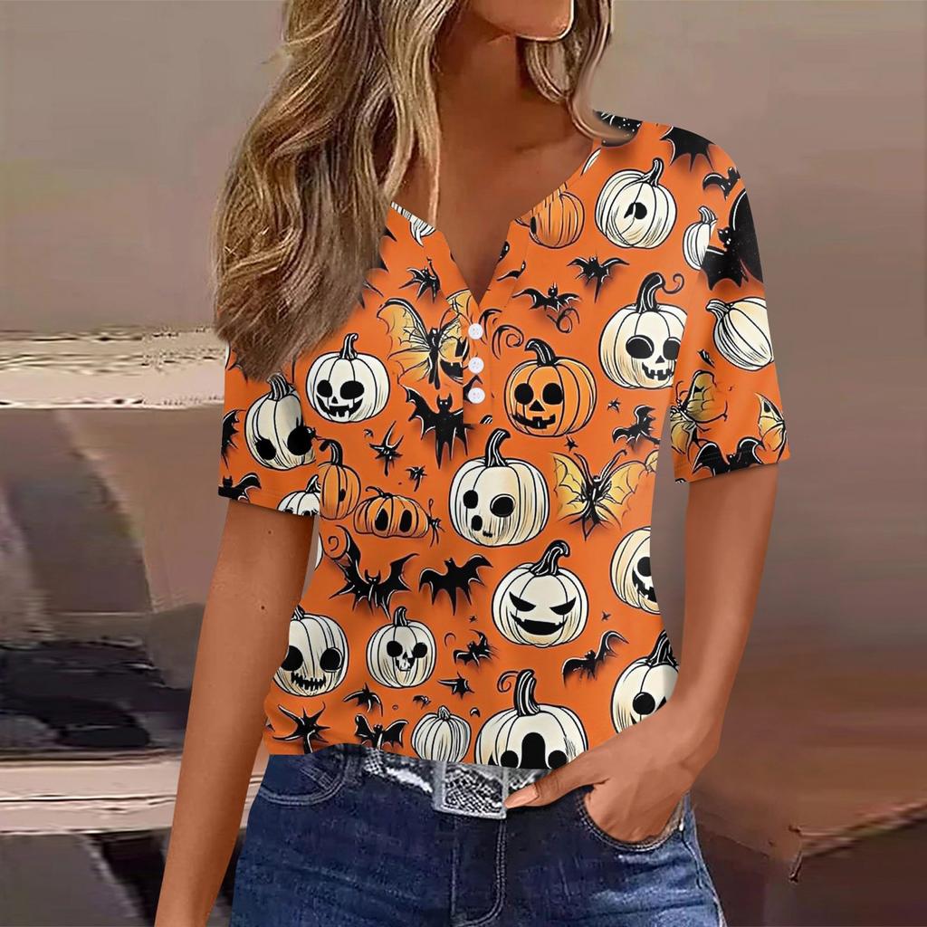 Women's T Shirt Tee Halloween Printed Button Short Sleeve Tunic Daily Weekend Fashion Basic V- Neck Regular Top
