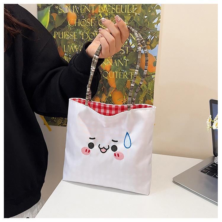 Canvas Bag For Women With Cartoon Embroidery Small Handheld Purse For Daily Use