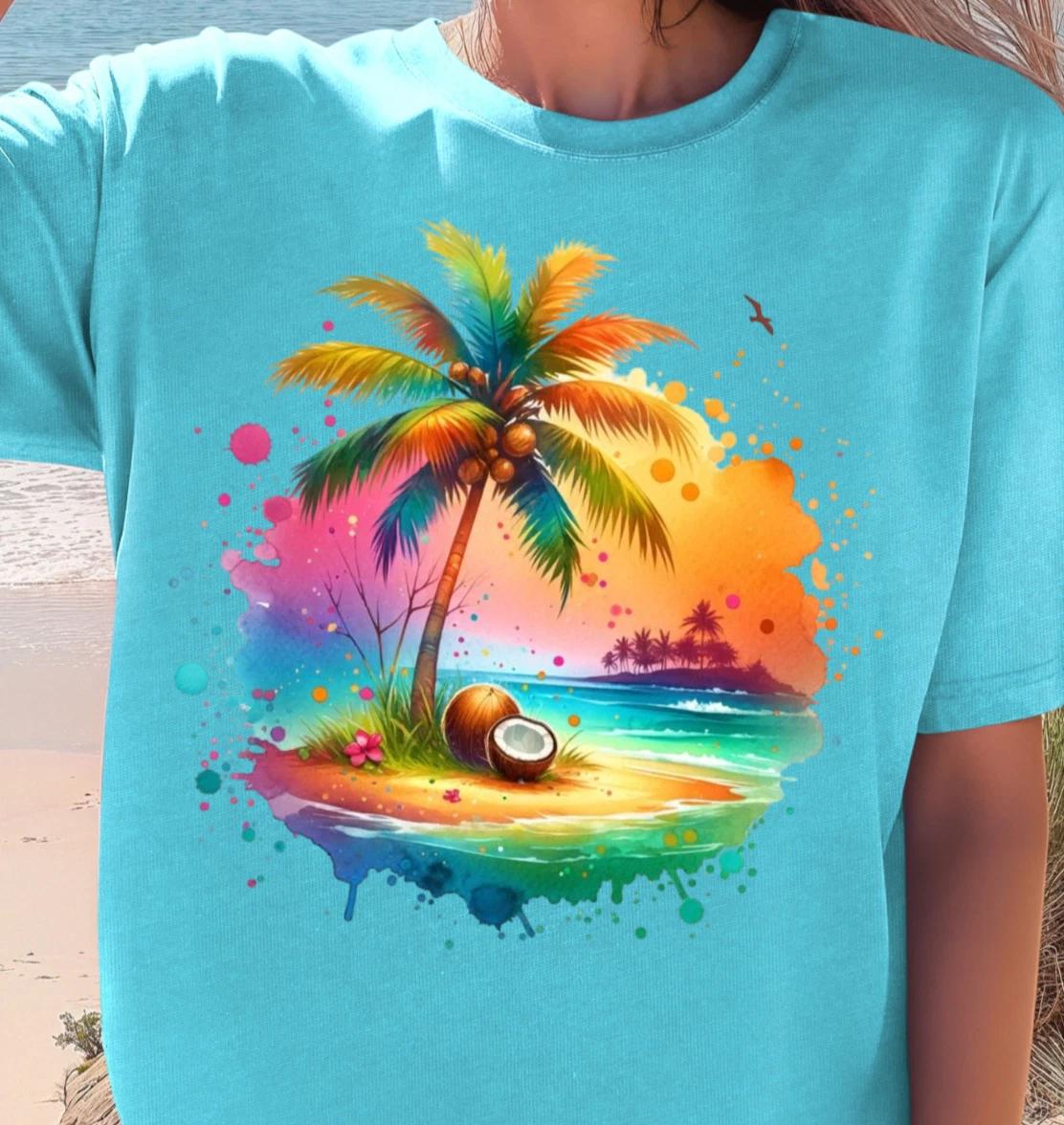 Tropical Palm Sunset T-shirt | Colorful Beach Island Tee, Summerwear S