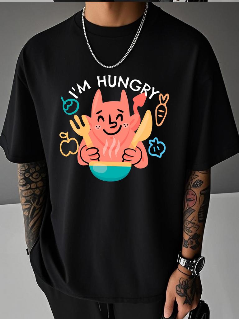 Unisex Summer Oversized T Shirt Cute Hungry Devil Food Letter Graphic Tee Casual Hip Hop Loose Short Sleeve Streetwear Fashion Top