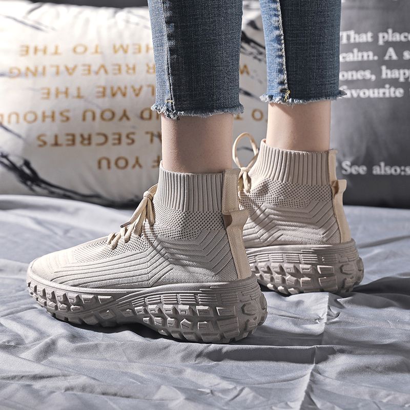 Lace Up Women's High On Platform Shoes Spring Autumn High Top Ankle Boots Aesthetic Fashion 2025 Knitted Casual Ladies Footwear