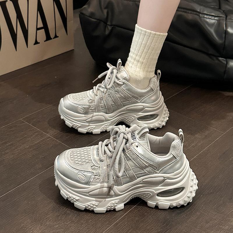 Fashion and comfortable versatile muffin shoes women's casual thick-soled heightening dad shoes summer new rhinestone mesh sneakers