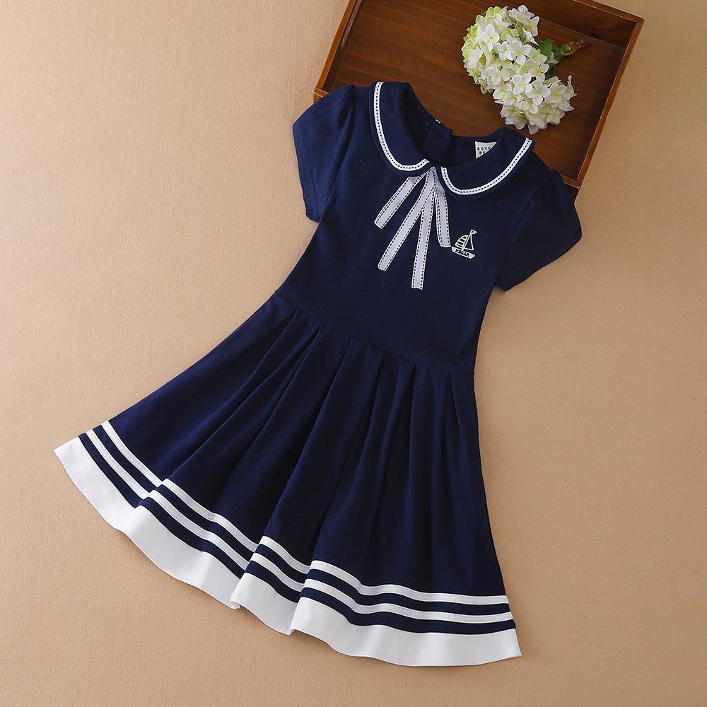 Dětské letní šaty 4-12 let Krátké rukávy Límec ve stylu Preppy Dětské oblečení Holčičky Bavlněné oblečení