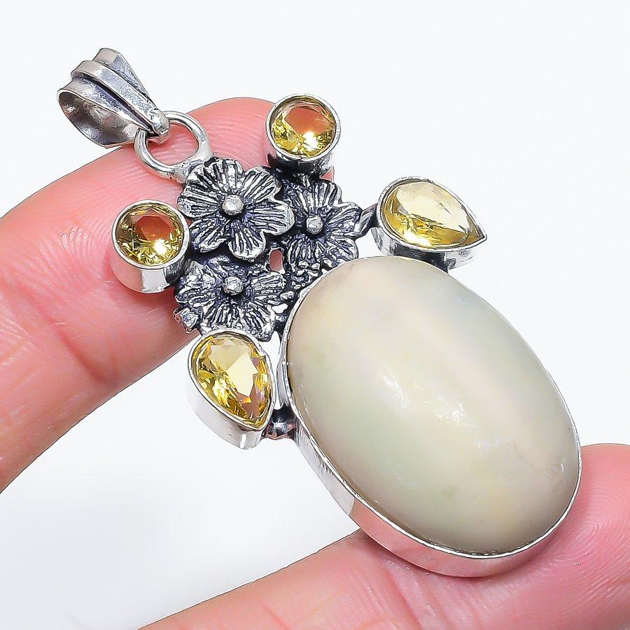 Natural Swiss Green Opal, Citrine 925 Sterling Silver Jewelry Pendant 2.29" z2N37