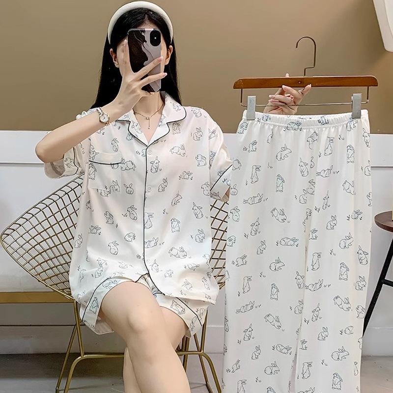 Spring And Summer Simple Wind Ice Silk Three-Piece Set Short-Sleeved Pajamas Women'S Bunny Printed Loungewear Set