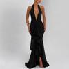 2026 European & American Mesh Patchwork Elegant V-Neck Halter Backless Hip-Hugging Maxi Dress