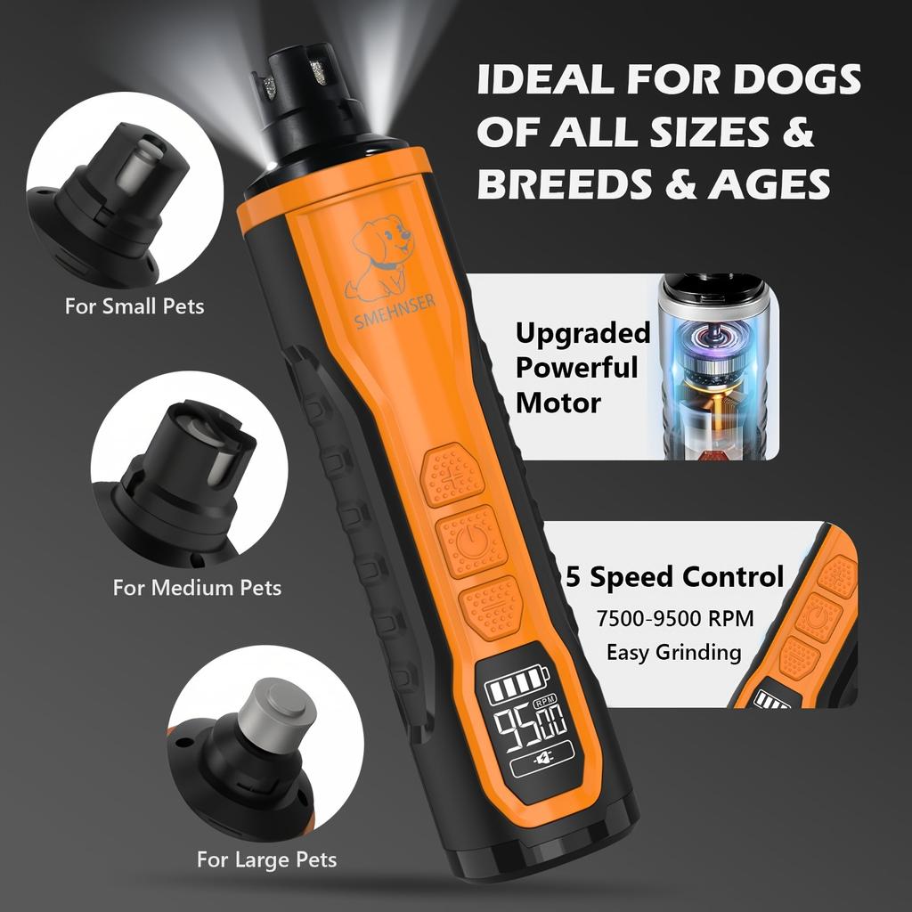 Electric Dog Nail Grinder 5-Speed Quiet Dog Nail Trimmer with LED Light Adjustable Safety Guard Rechargeable Cordless for Small To Large Dogs & Cats