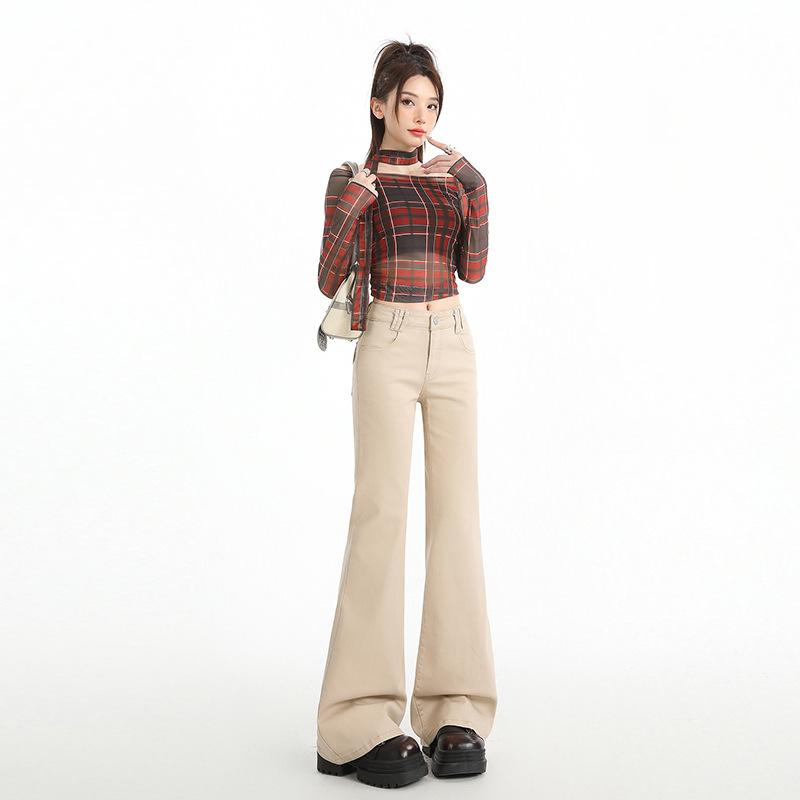 Khaki non-stick leg slightly pulled jeans women's autumn and winter new Spice Girl low-rise slim-fitting and thin flared pants