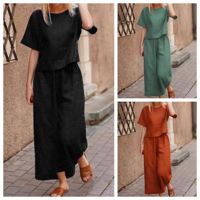 New Top Pants Casual Set Loose Solid Color Shirt And Pants Cotton Linen Two Piece Set