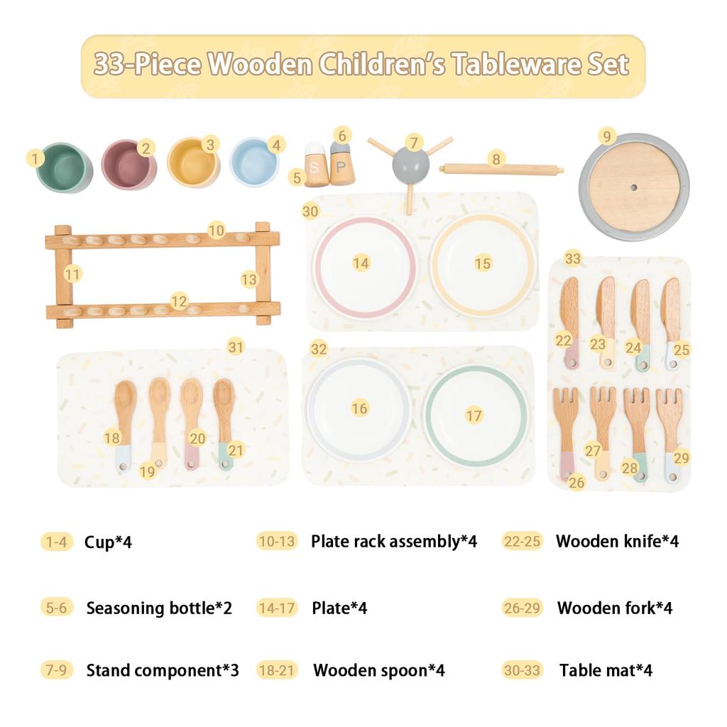 UMU Kinderspiel-Geschirrset, Holz-Kinderküchen-Geschirrset, 33-teiliges Set, Montiert, Montessori-Stil für Jungen und Mädchen, Perfekt für Pr