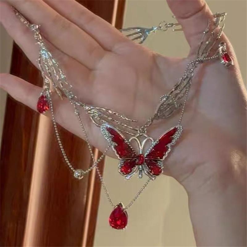 Gothic Red Crystal Butterfly Pendant Sliver Ghost Claw Short Choker Chain Necklace for Women Punk Y2K Charms Jewelry Accessories