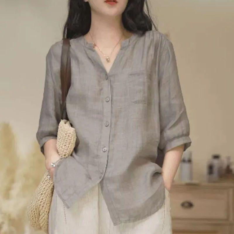 Damen Hellgraues Leinen Locker V-Ausschnitt Halbarm Knopfleiste Hemd