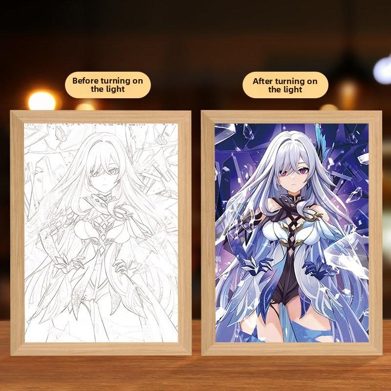 23cm/9.06in Genshin Impact Game Figure Mirror Light Painting Skock Peripherals Led Night Collectible Gift Birthday Bedroom Decor