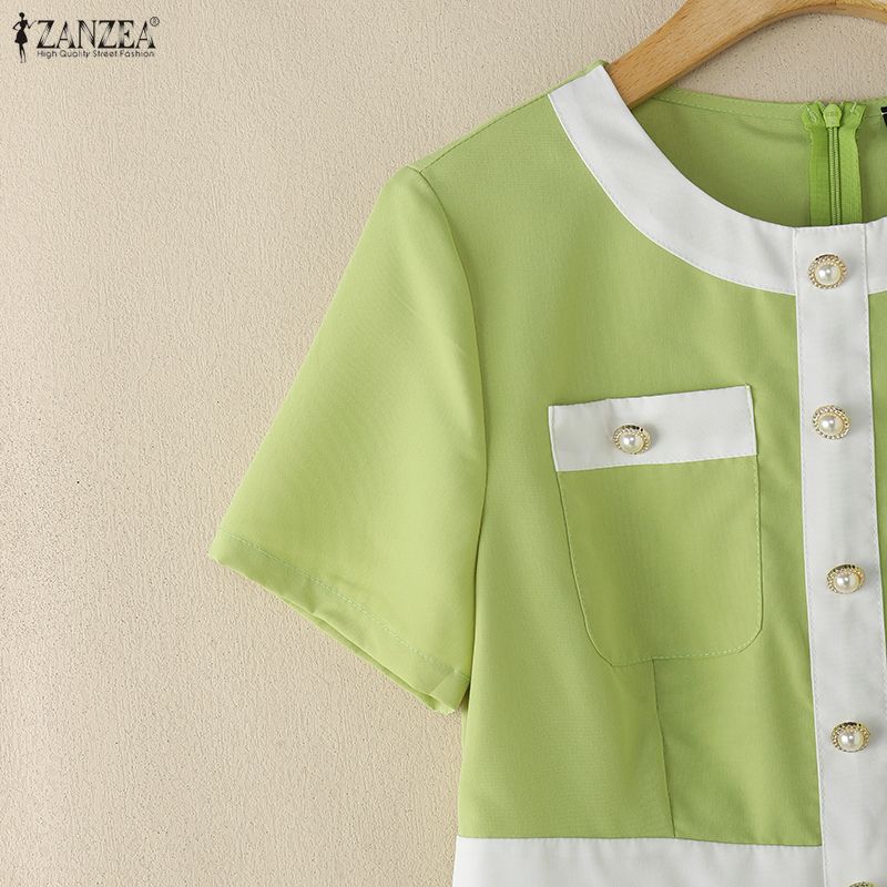 ZANZEA Women Casual Round Neck Short Sleeve Elegant Pleated Dress