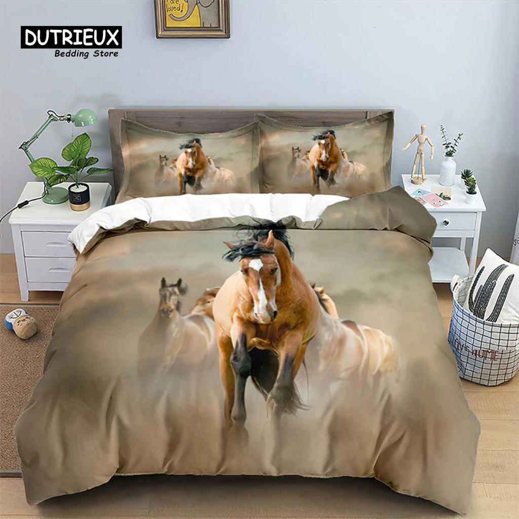 Horse Comforter Cover Set For Kids Toddler Farm Animal Pattern Bedding Set Boys Girls 3 Piece Farmhouse Cowboy Duvet Cover Set