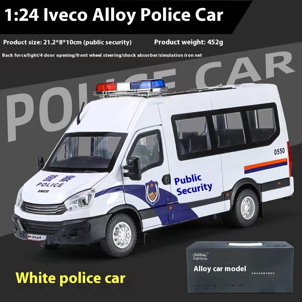 

1:24 Scale IVECO Police Alloy Car Diecast Metal Model Sound & Light Pull Back Toy Interior Ornaments Children Toy Gifts Doiplay чёрный