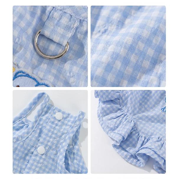 Cute Blue Plaid Dog Dress Breathable Bow Puppy Summer Clothes With Traction Harness For Small Medium Teddy Chihuahua Dog Clothes