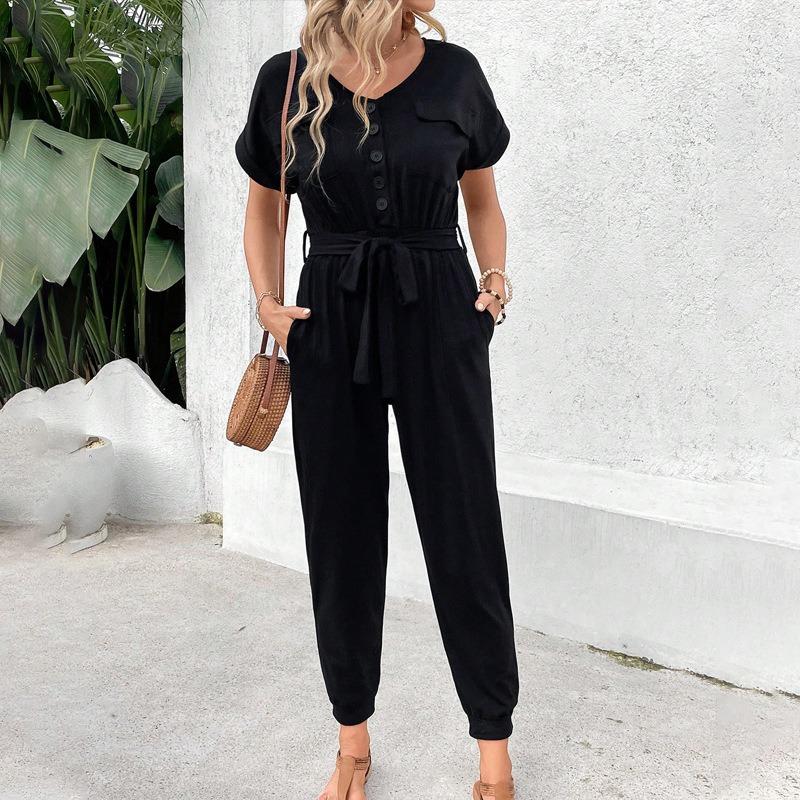 Women's Casual Jumpsuits Tied Short-sleeved Black Ties