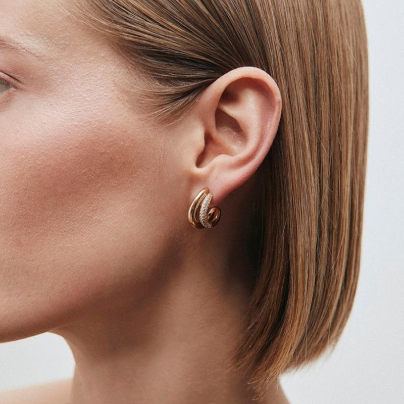 Premium Metal Inlaid Zircon Irregular Double-Layer Design Earrings S925 Silver Needle Stud Earrings Trendy Temperament Earrings
