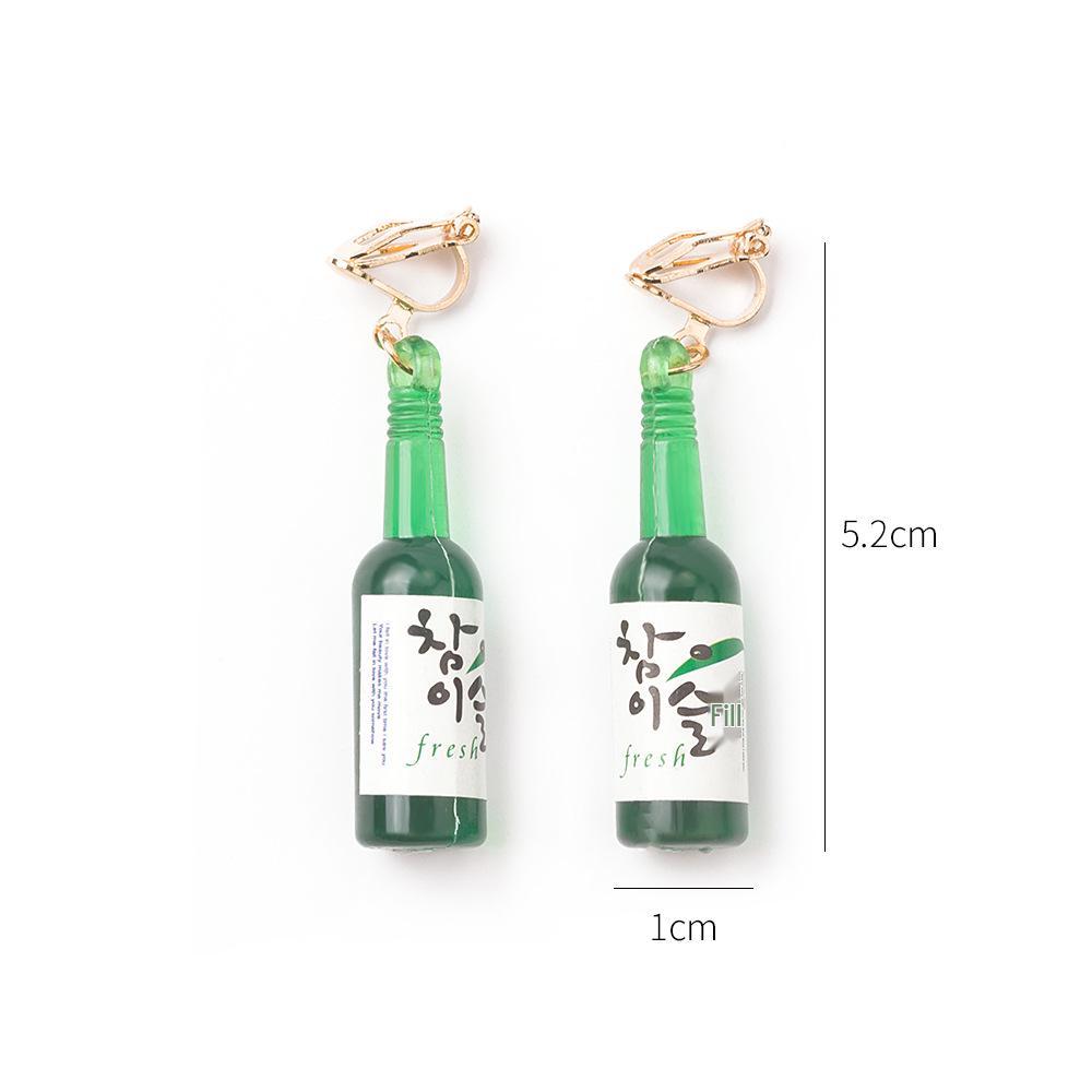 Korean Soju Beer Bottle Earrings: Quirky, Green Glass, Painless Ear Clips, Exaggerated, Funny Personality, Niche Design