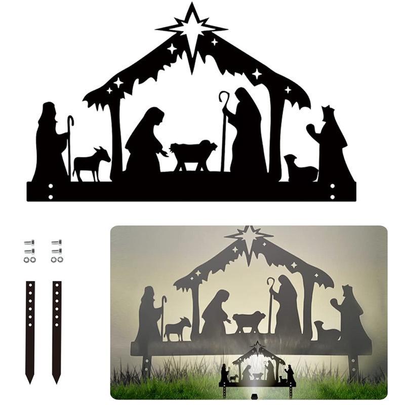 Jesus Birth Silhouette: Outdoor/Indoor Black Wrought Iron Ornament
