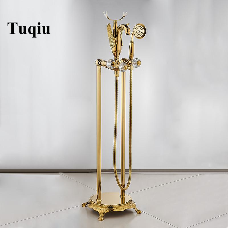 Tuqiu Gold Bathroom Bathtub Faucet Handheld Shower Free Standing Black Oil Brushed Swan BathTub Mixer Taps Floor Mounted