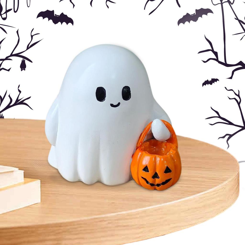 Ghost Pumpkin Figurine Miniature Lovely Cartoon Pumpkin Ghost Halloween Resin Cute Desk Display Ornament Home Decoration
