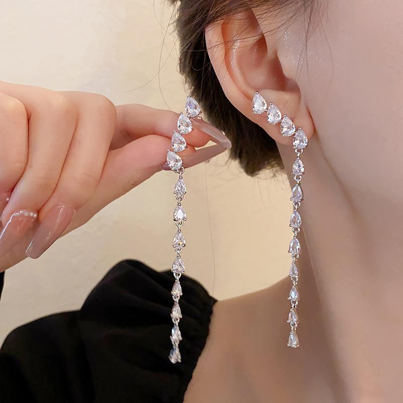 Super Flash Water Drop Zircon Splicing Long Tassel Dangle Earrings for Women Light Luxury Dainty Magnificent Earring K