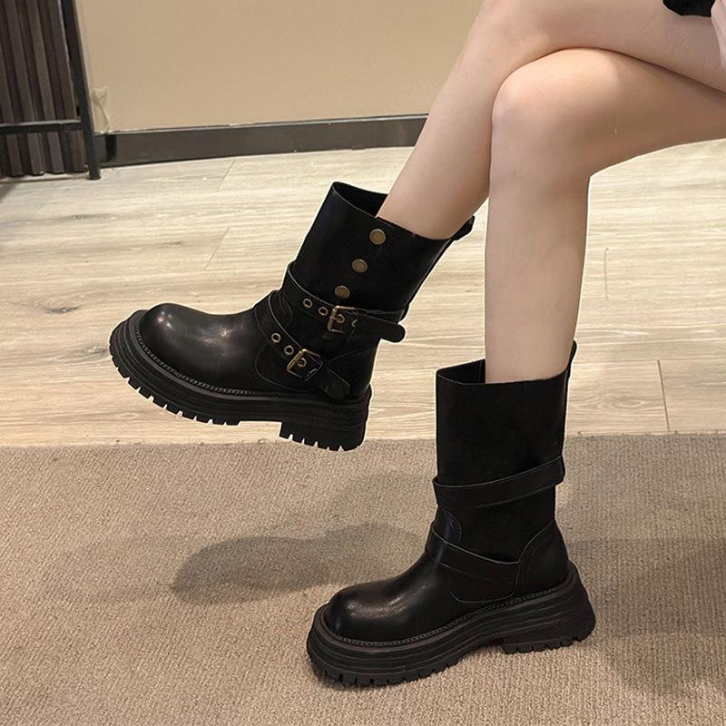 Brown Retro Thick Heel Thick-soled Martin Boots Women's 2025 New Spring and Autumn British Style Thin and Heightened Medium Boots