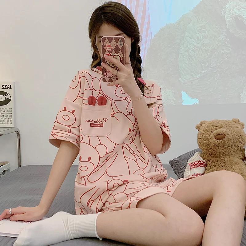 Summer Woman Pajama Cotton Cartoon Sleepwear Orange Cartoon Printing Pyjamas Set Young Lady Shorts Pullover Lingeries