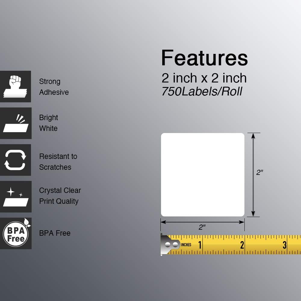 BETCKEY - 2" X 2" (51 Mm X 51 Mm) Square Labels Compatible with Zebra & Rollo Label Printer,Premium Adhesive & Perforated [10 Rolls, 7500 Labels]