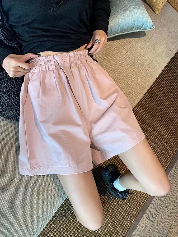 

[Washed] Summer wide-leg shorts women s elastic high-waisted one-button casual five-point medium pants S