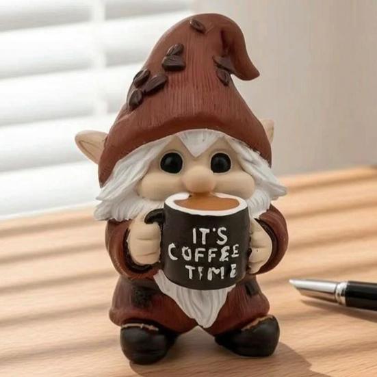 Drinking Coffee Gnome Figurine Holding Coffee Mug Dwarf Statue Handmade Gnome Resin Sculpture Coffee