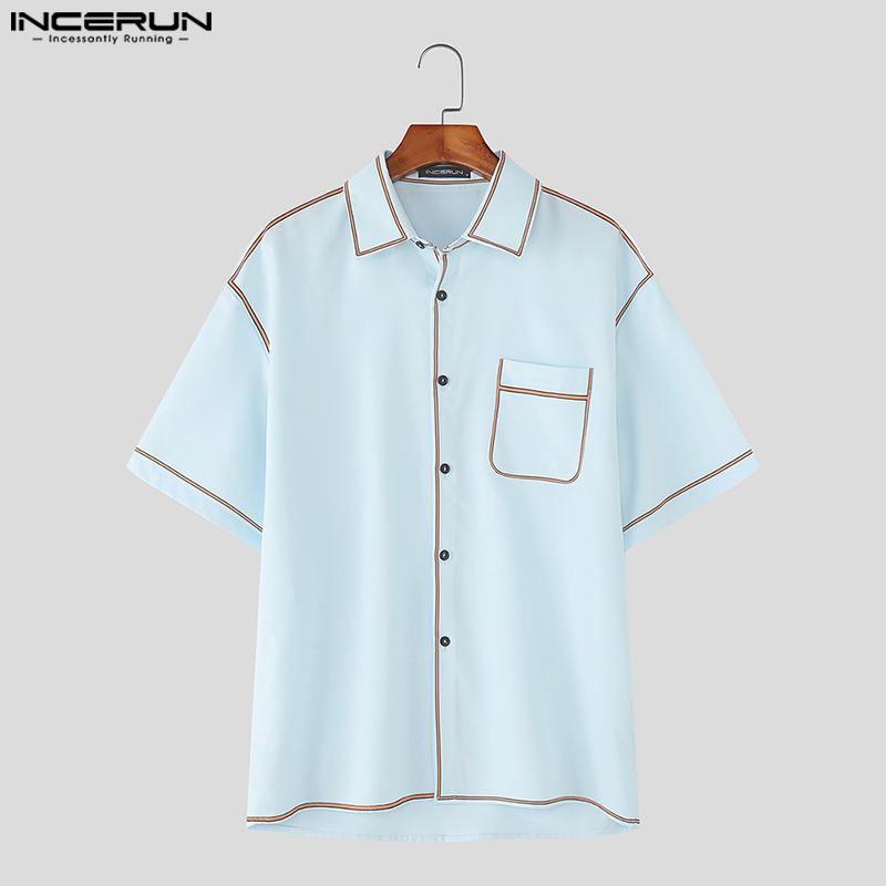 INCERUN Men Lapel Short Sleeve Stitching Buttons Casual Loose Shirts Tops