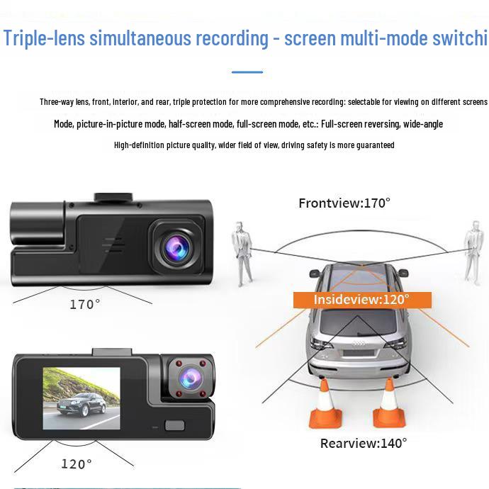 A20 Triple-Lens HD Night Vision 2-Inch Driving Recorder - 1080p In & Out Car DVR