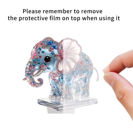 2D Flat Acrylic Elephant Ornament Pink Ears Blue Rhinestone Elephant