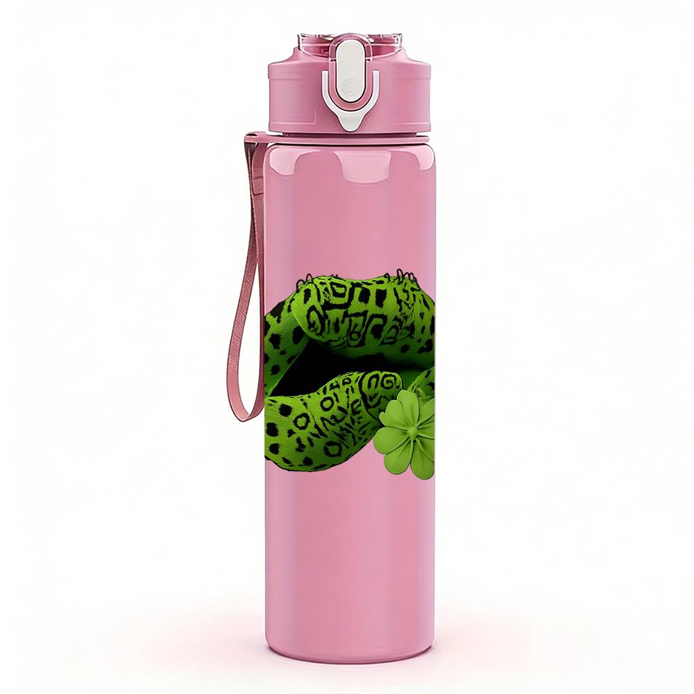 1PC Green Cactus Lips Graphic,750ml Color Plastic Sports Water Bottle,Leakproof Flip Straw Lid,Suitable for Sports Office Home Use